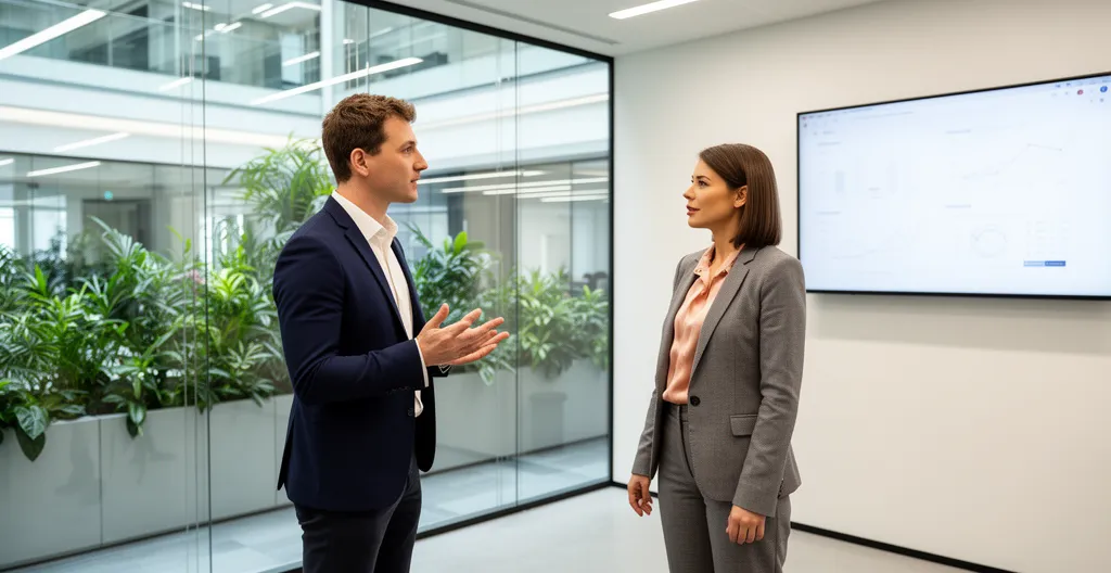 Two professionals discussing while looking at wall-mounted display showing performance charts