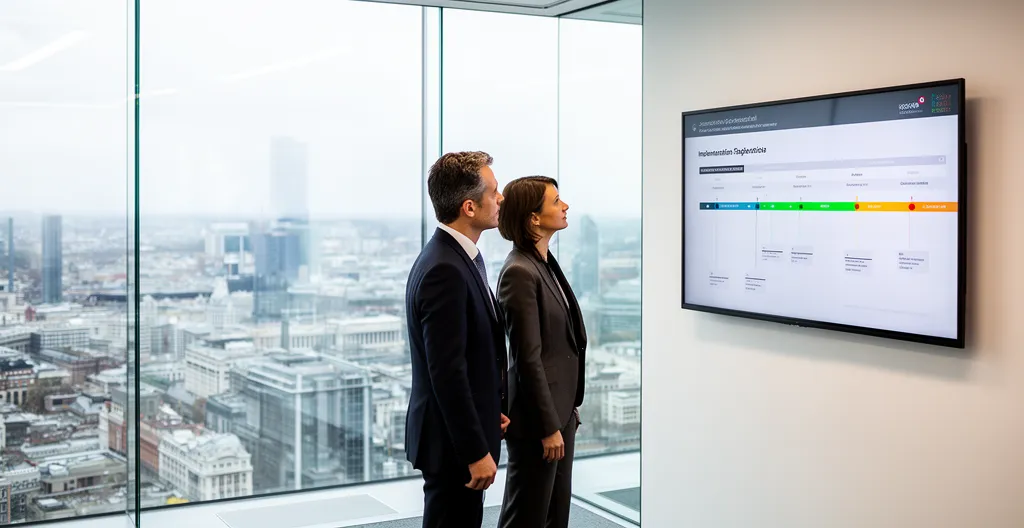 Two colleagues reviewing implementation timeline on wall-mounted screen in meeting room