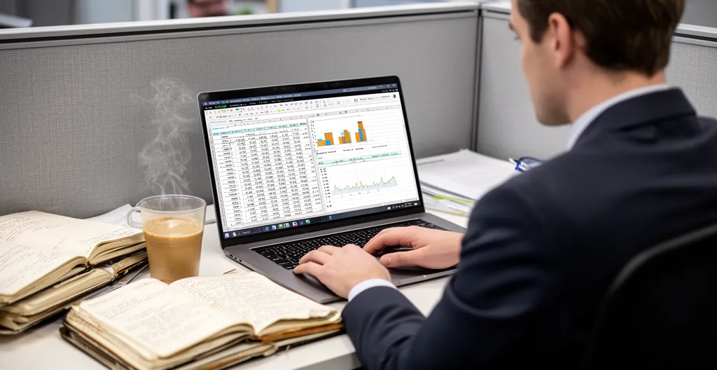 Operations professional at cluttered desk reviewing complex spreadsheet on laptop