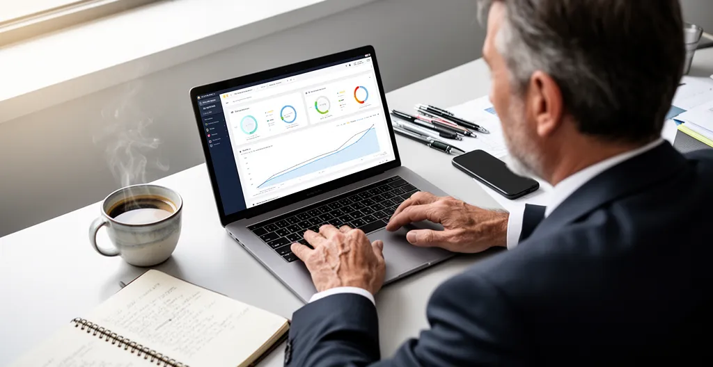 Business professional reviewing performance dashboard on laptop in contemporary office