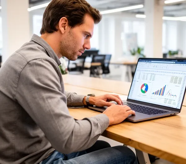 Startup founder reviewing spreadsheet at laptop in modern co-working space