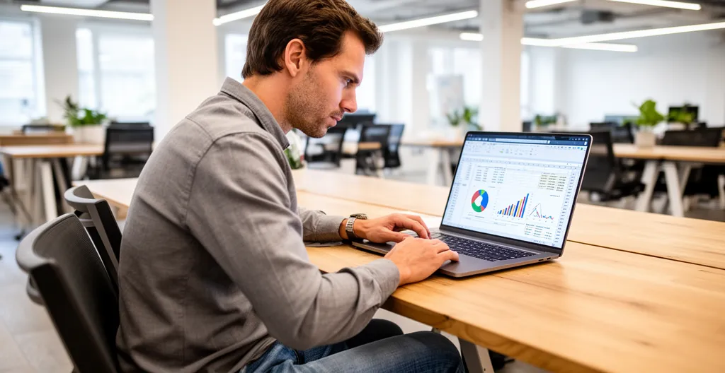 Startup founder reviewing spreadsheet at laptop in modern co-working space