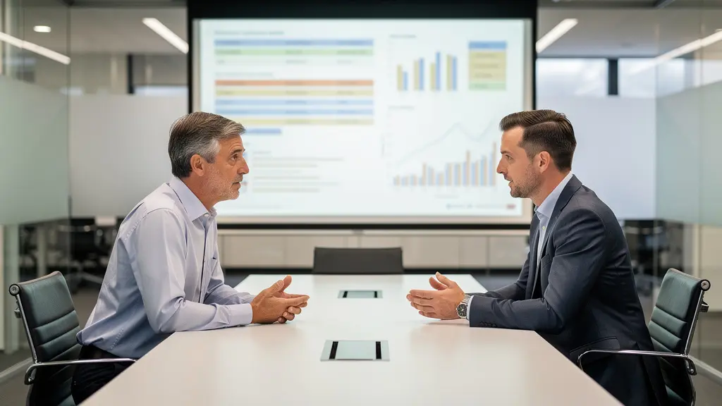 Two professionals reviewing commission software ROI data in UK corporate meeting room