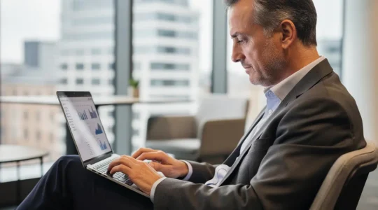 Sales operations professional reviewing commission dashboard on laptop in modern UK office