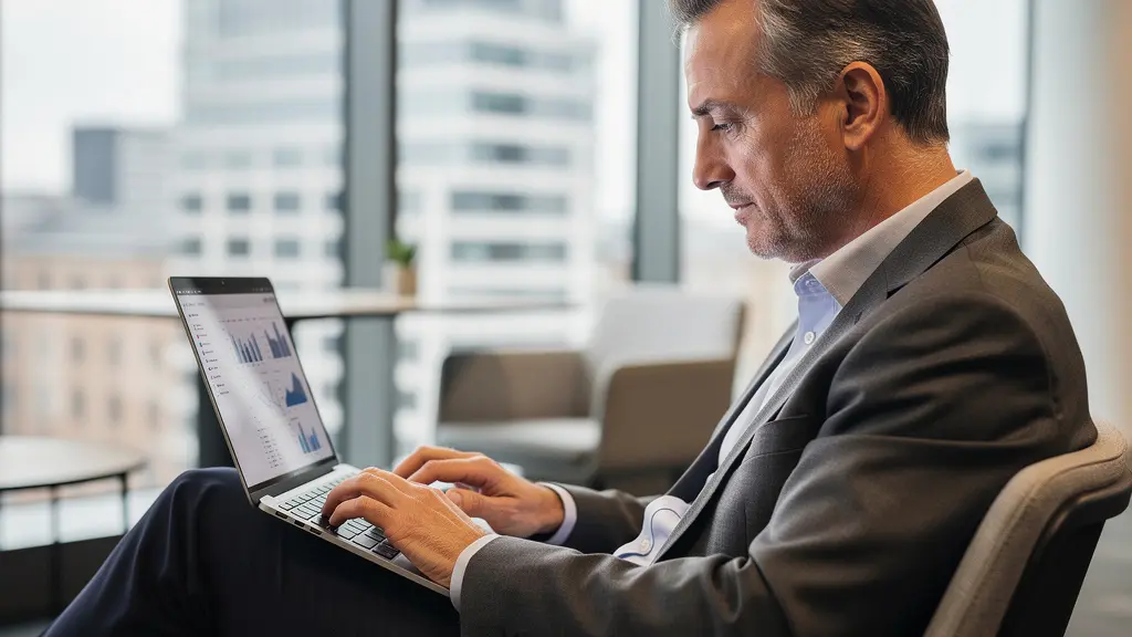 Sales operations professional reviewing commission dashboard on laptop in modern UK office