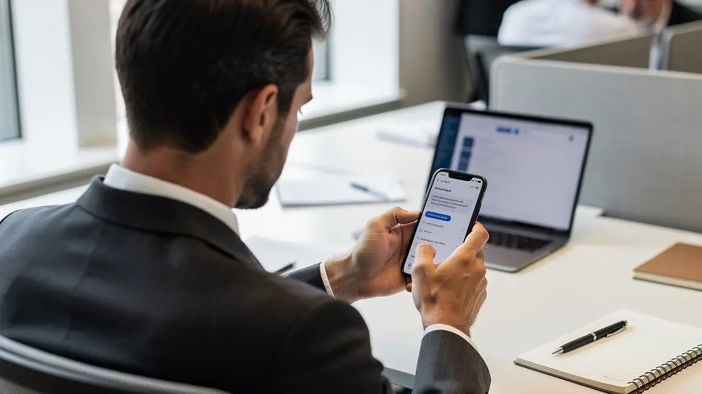 Sales representative checking commission notification on mobile phone at modern workspace